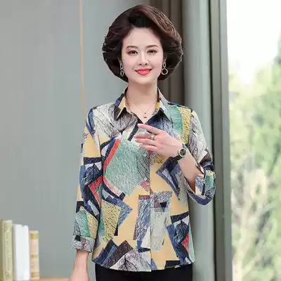 Middle-aged and elderly women's spring and summer seven-point sleeve flower shirt foreign style Mother's cardigan casual shirt T-shirt large size age reduction