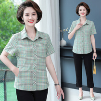 Mid-aged womens dress Short sleeves pure cotton checkered shirt T-shirt Mom loaded full cotton cardiovert blouse shirt big code
