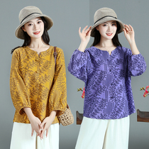 Middle aged womens clothing spring summer 70% sleeves cotton linen T-shirt round collar name group Wind mom dress loose big code blouse