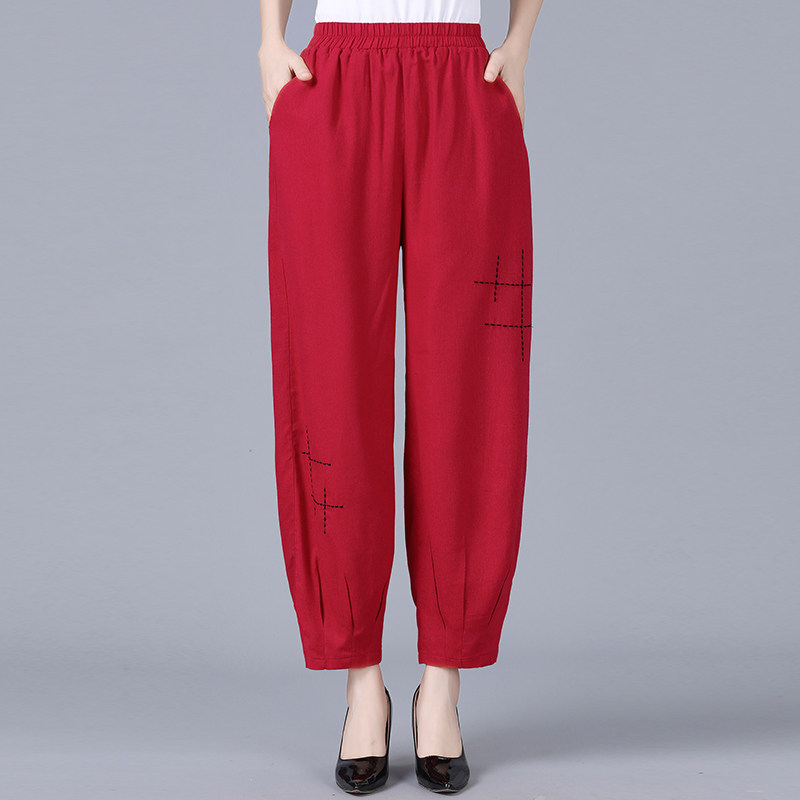 Middle aged women's clothing spring summer 90% pants old too loose waist embroidered light cage pants high waist cotton silk pants Mom clothes
