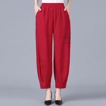 Middle aged womens clothing spring summer 90% pants old too loose waist embroidered light cage pants high waist cotton silk pants Mom clothes