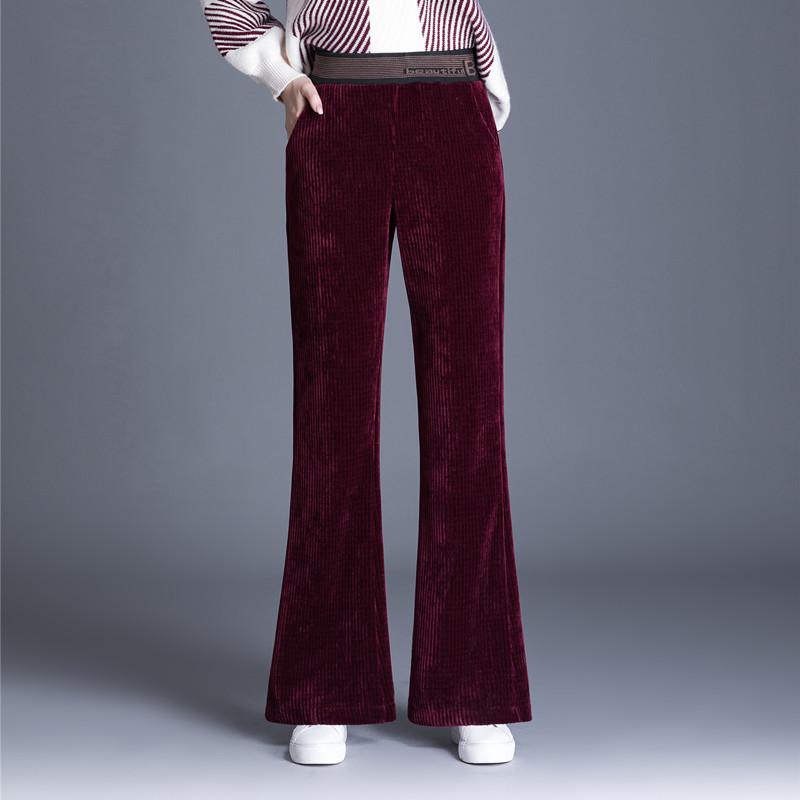 Middle-aged women's autumn and winter casual pants Wide leg micro flared pants Elastic high waist Chenille stretch mom pants