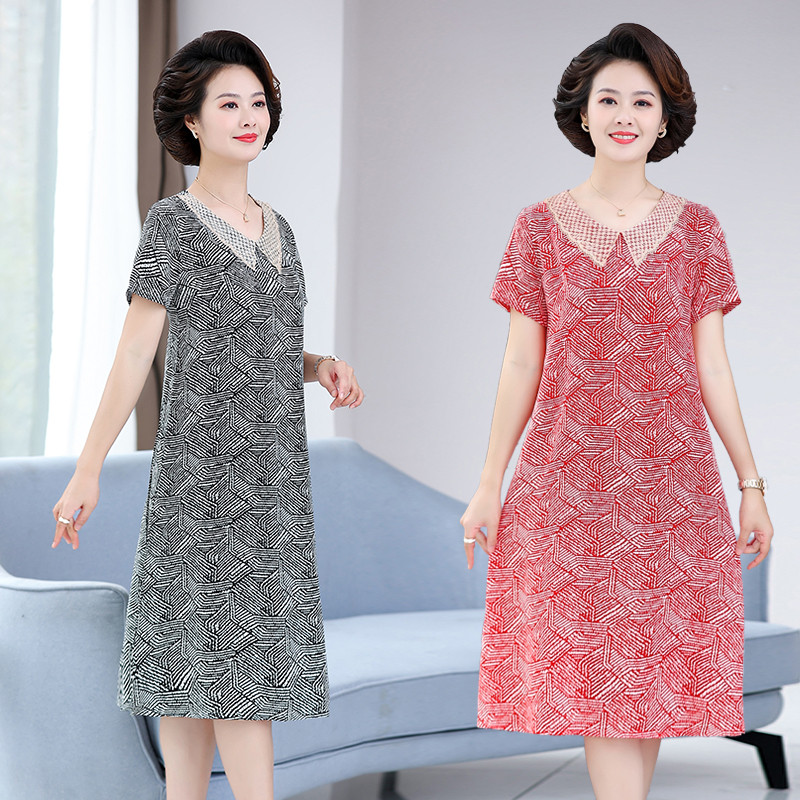 Middle Aged Women's Clothing Summer Short Sleeves Ocean Dress Mom Dress Age Doll Collar Fashion Medium Long Version Slim Fit Slim Fit