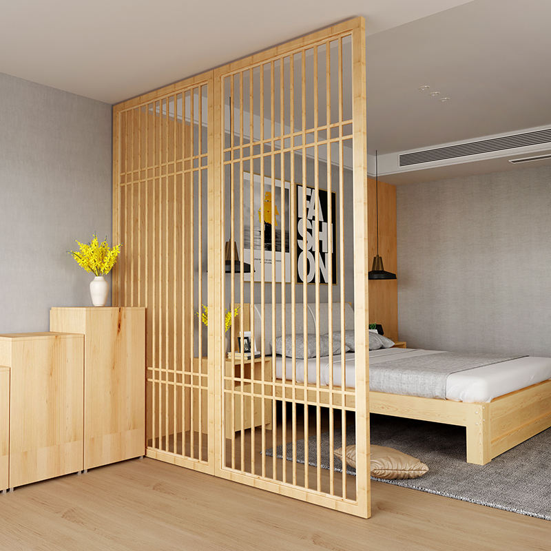 New Chinese-style entrance entrance living room Japanese-style partition solid wood grille screen background wall modern minimalist lattice hollow