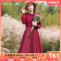 Fireworks hot red and white knitted dress womens 2022 autumn new retro art plus velvet skirt Shu Ting