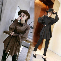2021 autumn and winter New long waist shirt women slim slim slim single-breasted bottom shirt lantern sleeve shirt