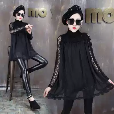 2021 Four Seasons New Lace base shirt Top Korean Women's Loose Long Sleeve High Neck Chiffon Large Size Hundred Tide