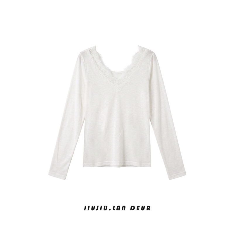Reve【墨沉香】Pure Desire Style Lace Patchwork Slim Fit T-Shirt