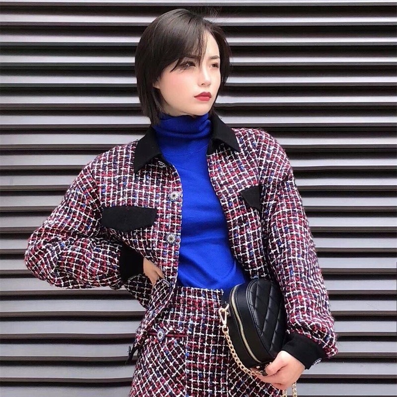 Auamisch Flag 2021 Autumn new small fragrant plaid pockets Short coat 5430816-920615 -001