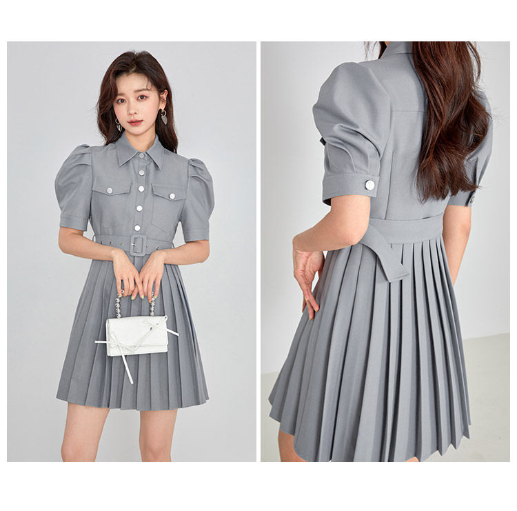 凡兔简约舒适单排扣显瘦百褶连衣裙2022夏季新款时尚口袋通勤裙女详情15