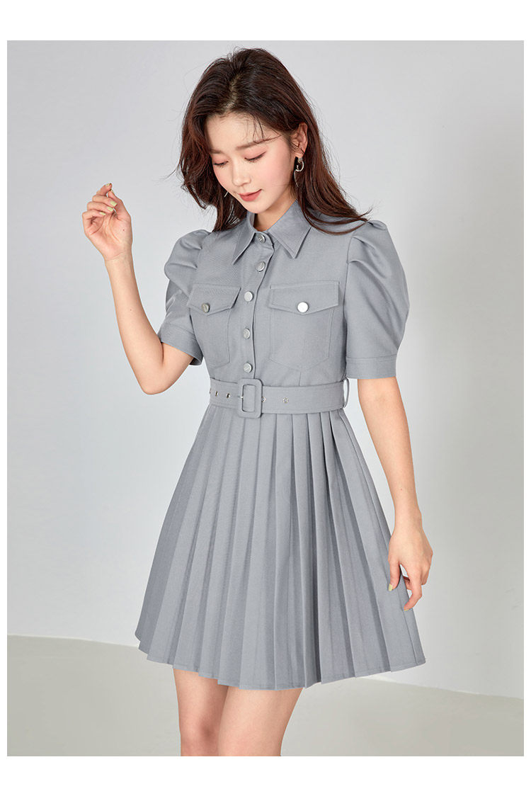 凡兔简约舒适单排扣显瘦百褶连衣裙2022夏季新款时尚口袋通勤裙女详情18