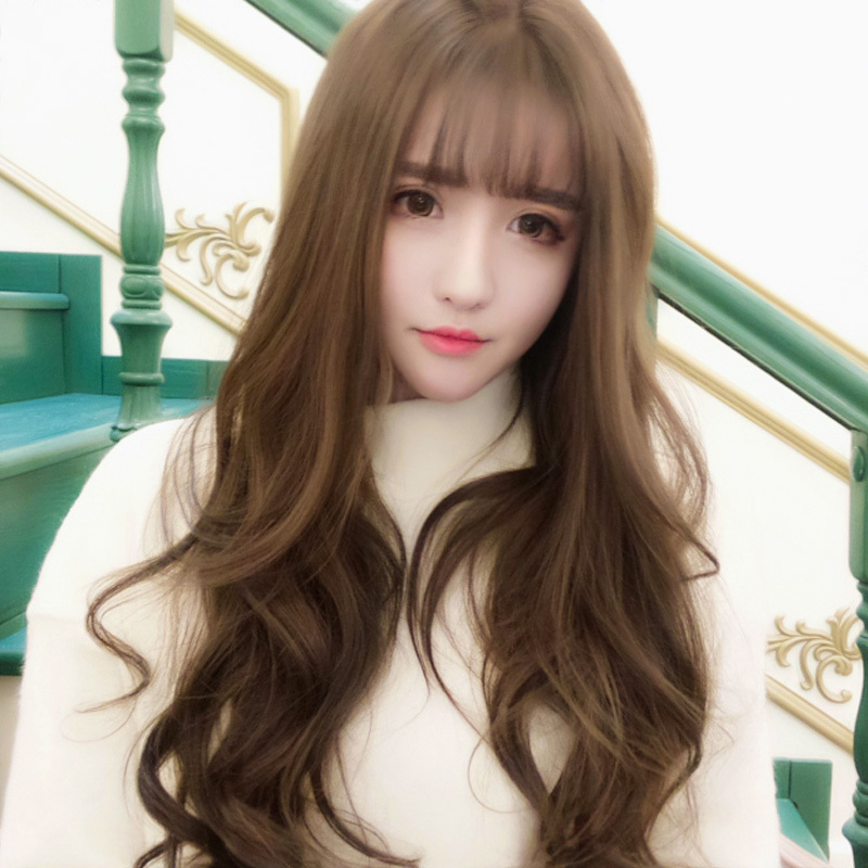 Wig for Women with Long Hair, Round Face, Cute New Style Hairpiece, Long Curly Hair, Big Waves, Internet Celebrity, Fluffy, Natural Bangs, Full Head Wig