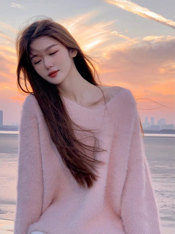 Pink Mohair V-Neck Sweater for Women, Autumn and Winter, Lazy Style Pullover, Mink Velvet Inner Layer, Mid-Length, Thickened