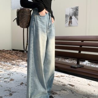 Suseyiku Retro Washed Denim Wide-Leg Pants Straight-Leg Pants Women's Autumn High-Waisted Loose Floor-Length Pants