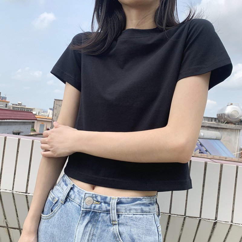 Black Short T-Shirt for Women, Korean Style ins High-Waisted Slimming Cotton Fitted Crop Top Short-Sleeve Summer Petite Base Shirt Trendy