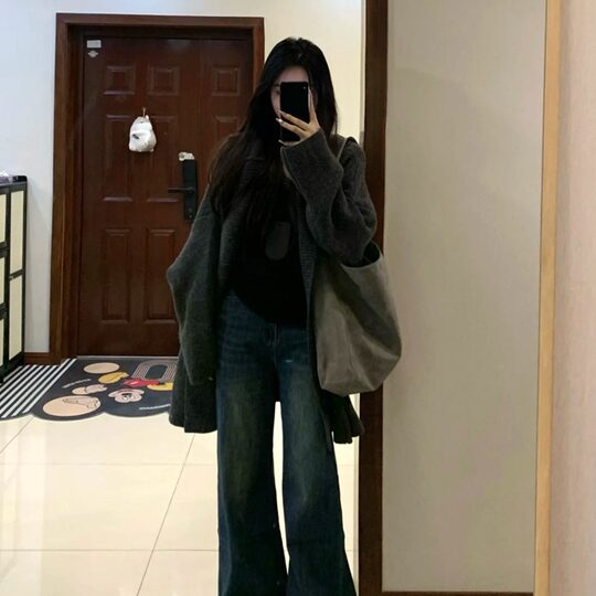 Suseyiku lazy style loose hooded knitted cardigan large pocket raglan sleeves thickened warm sweater jacket