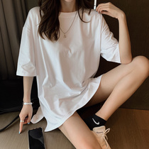  Pure cotton round neck short-sleeved t-shirt womens summer Korean version loose mid-length half-sleeved split white impermeable top ins net red