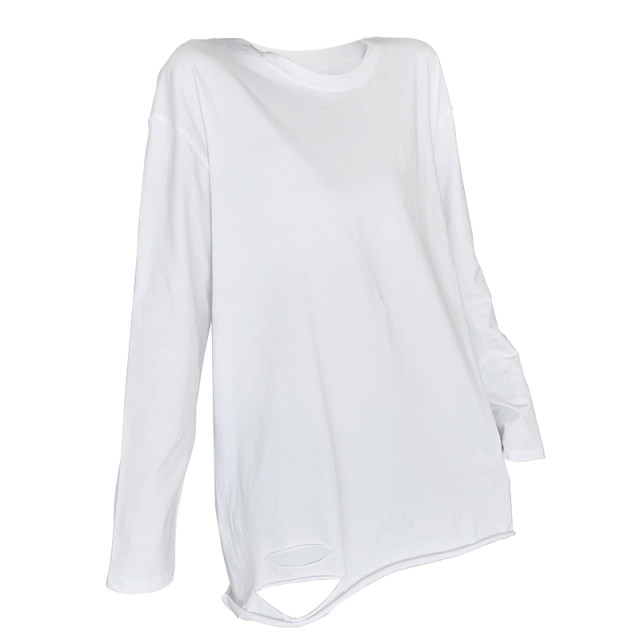 Hem ripped long-sleeved T-shirt for women, cotton white t-shirt for women, mid-length loose basic top for women with velvet