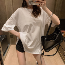  2021 summer pure cotton t-shirt womens short-sleeved loose mid-length Korean version of solid color split half-sleeved chic Western-style base shirt