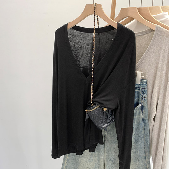 Loose, Slimming, Lazy Style, Thin, Deep V-Neck, Long-Sleeved Base T-Shirt for Women, Spring and Summer Air-Conditioning Sun Protection Cover-Up Top