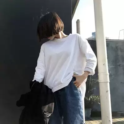 Spring dress long sleeve 2021 spring and autumn Korean version of round neck white cotton cotton bottoming split clothes loose pullover T-shirt women