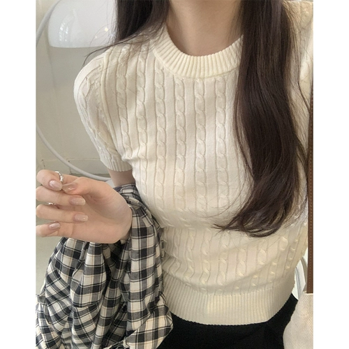 Цветная трикотажная весенняя дизайнерская приталенная футболка с коротким рукавом, тренд сезона, круглый воротник