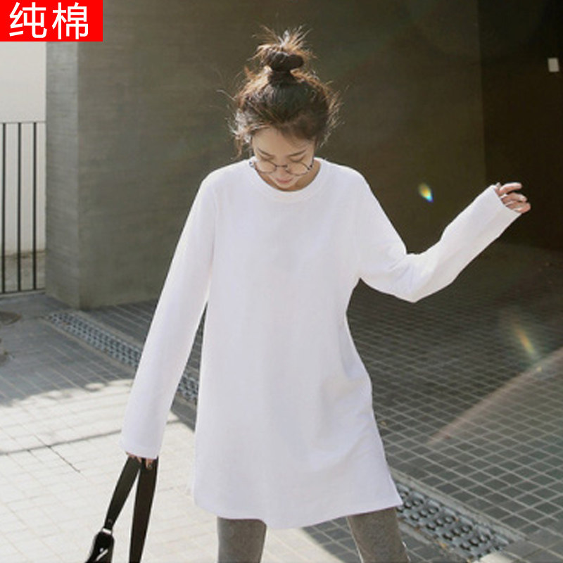 Hong Kong wind spring and autumn season new top loose and wild white medium and long version of the inner tie base shirt pure cotton long-sleeved T-shirt women