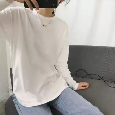Pure cotton white long-sleeved T-shirt women's 2021 spring new Korean version of wild loose student casual split top tide
