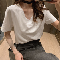  2021 spring and summer chicken heart collar solid color t-shirt short-sleeved womens trendy Korean loose Hong Kong style simple all-match net red v-neck top
