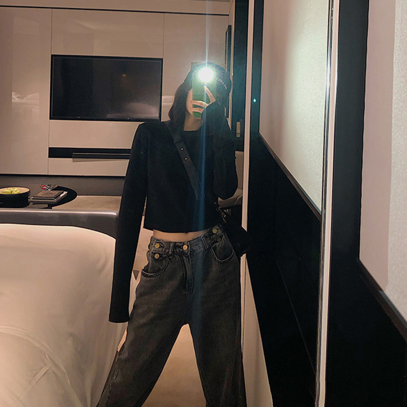 Black Long-Sleeve T-Shirt for Women, Trendy ins Autumn New Style, Loose High-Waisted Short Crop Top, Cotton Autumn Top