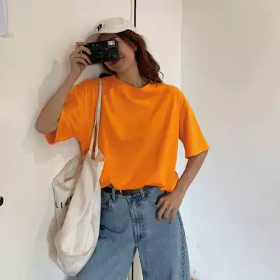 Summer new round neck ladies foreign school short sleeve student half sleeve T-shirt female Korean ins orange cotton inner top