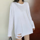 Hem ripped long-sleeved T-shirt for women, cotton white t-shirt for women, mid-length loose basic top for women with velvet