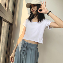  White t-shirt womens short-sleeved short Korean ins summer tight-fitting cotton high-waisted umbilical Hong Kong wind watch out for all-match tops