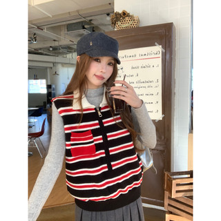 Suseyiku Autumn and Winter Korean Style Contrasting Stripesd Polo Collar Half-Zip Sleeveless Knitted Vest Sweater for Women