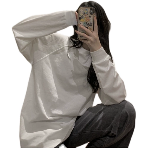 Лонгслив, белая базовая приятная телу флисовая футболка, осенний, оверсайз, средней длины