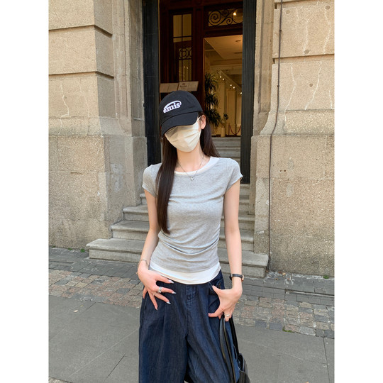 Suseyiku summer Korean style contrasting round neck pleated design modal short-sleeved T-shirt top