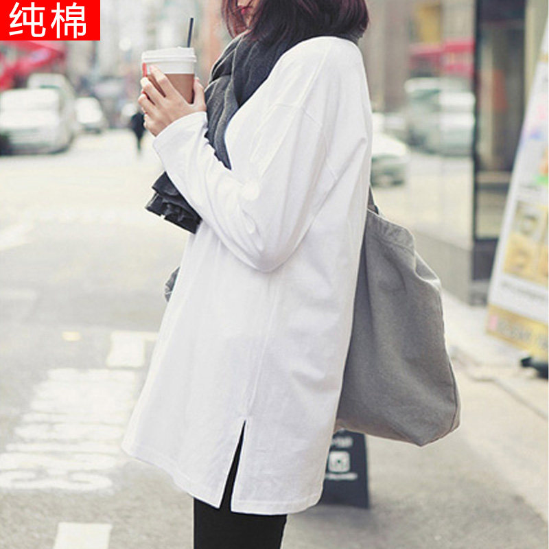 2021 Spring Autumn Season New Pint Sizes Mid size Long version T-shirt Pure cotton long sleeve T-shirt Bottom Jersey 100 Hitch Pure Color Woman