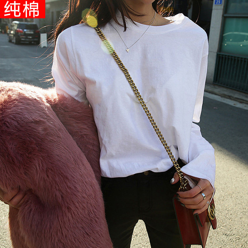 Spring dress new Korean version round collar white T-shirt female long sleeve outside wearing student 100 lap clothes loose pure cotton inner lap