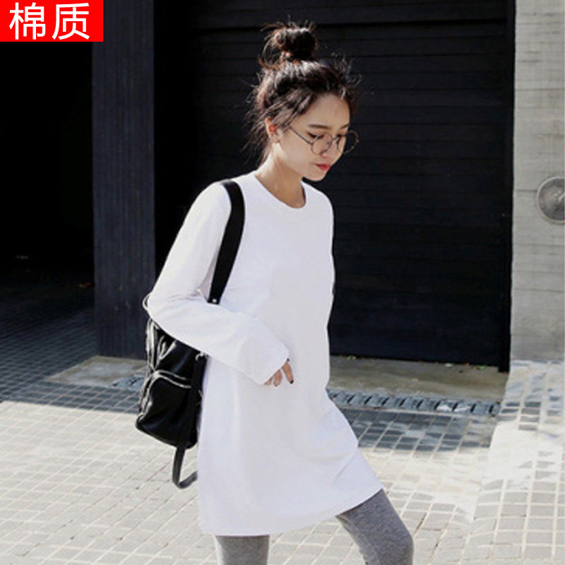 Spring and autumn blouses women's 2021 new women's version Korean version round collar in long version of pure cotton long sleeve T-shirt women's bottom shirt 100 hitch