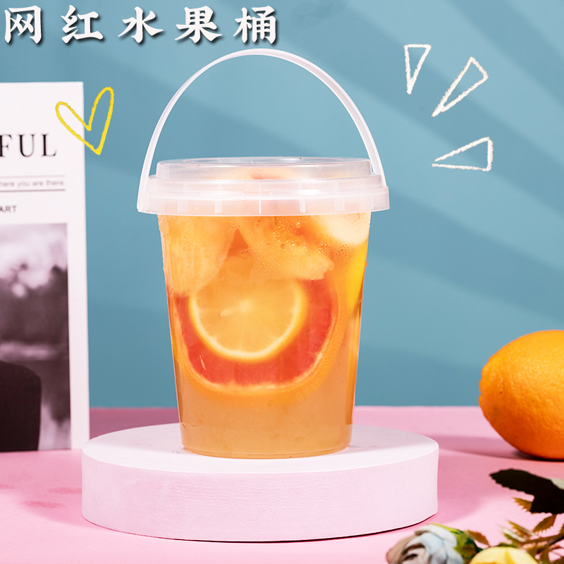 Super large milk tea cup 1000ml net red drink cup a bucket of fruit tea cup portable super fruit tea plastic bucket