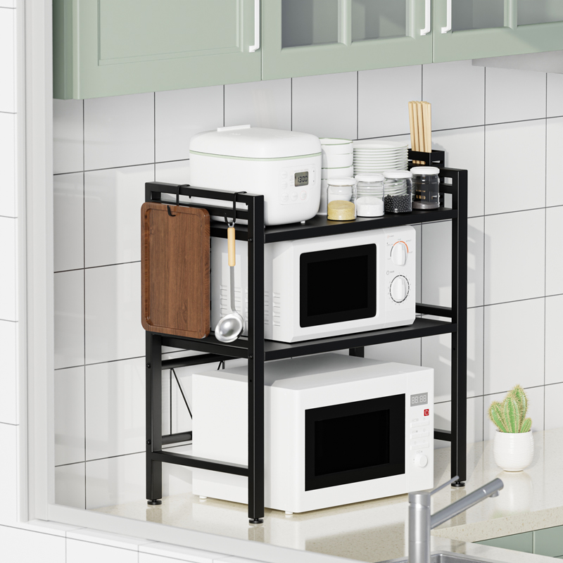 Retractable microwave rack shelving with domestic table surface floor-floor containing perforated multifunctional oven containing layer rack