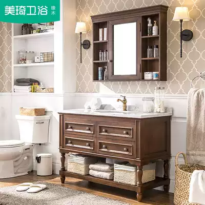 Oak American bathroom cabinet Powder room washbasin cabinet combination Marble countertop floor-to-ceiling sink 1803