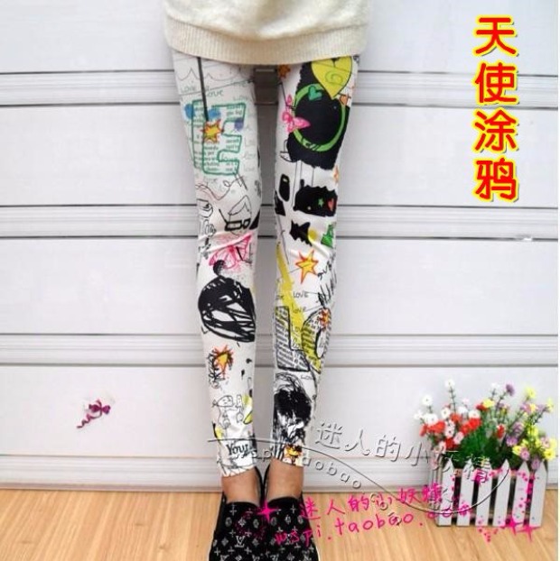 Quần jean giả nữ mỏng mùa xuân thời trang cá tính chân quần Joker graffiti in màu chín điểm xà cạp quần legging bé gái