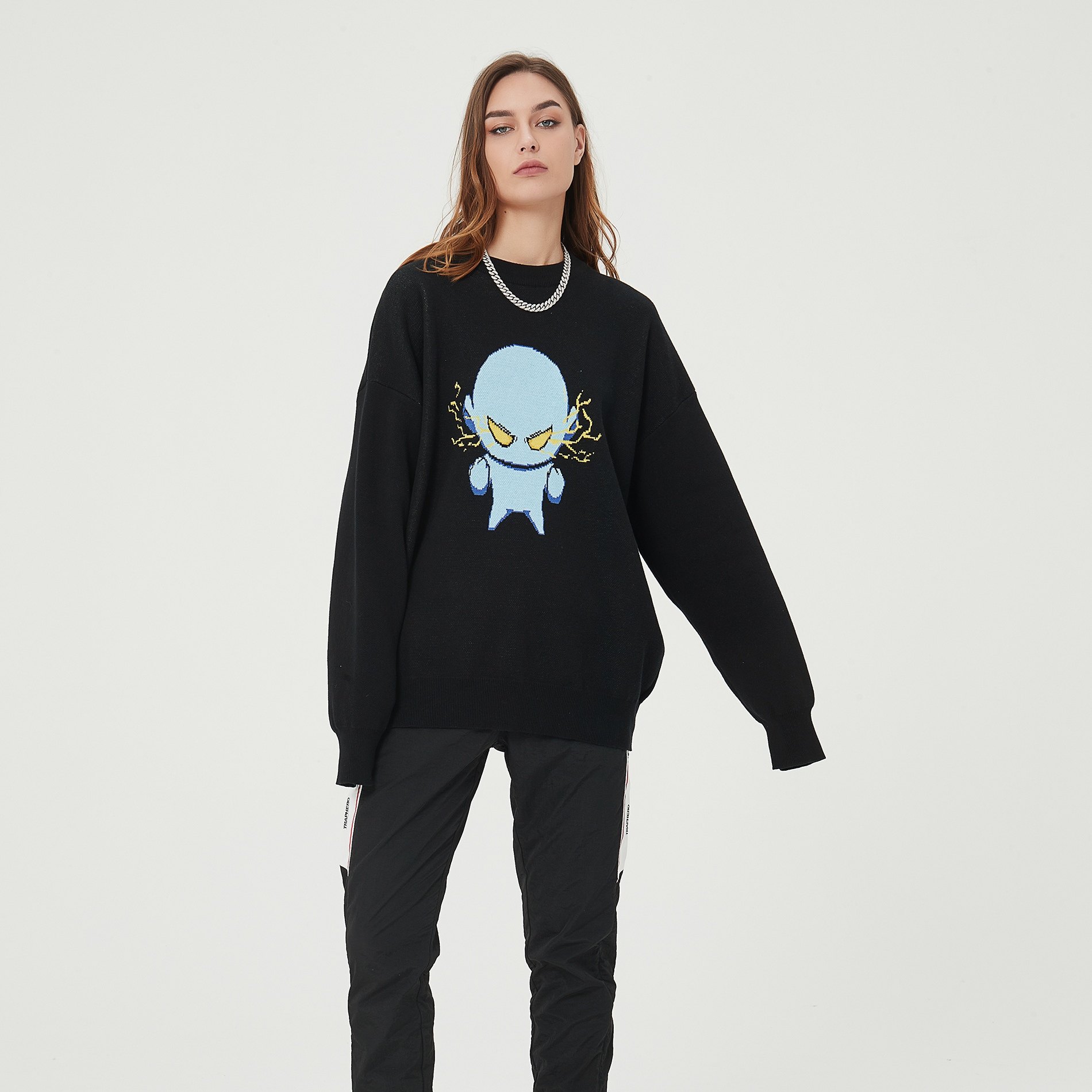 Trapheero National Tide Oversize Sweater Fashion Autumn winter Men and women Identical Loose Pure Color Casual Stitch Cardiovert