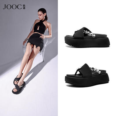 JOOC Jiushi's new Spring/Summer 2026 casual flip-flops for women: Black thick-soled flip-flops