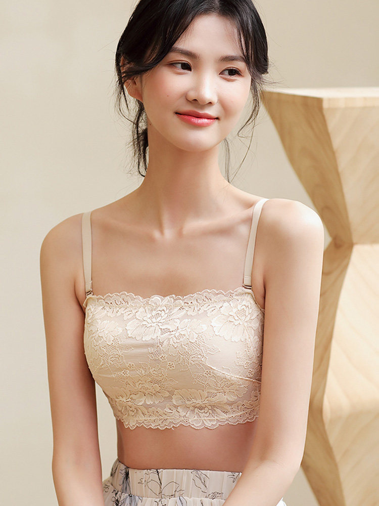 Japanese thin bandeau style anti-light bra gathered summer lace small cute thin mold cup no rim underwear women