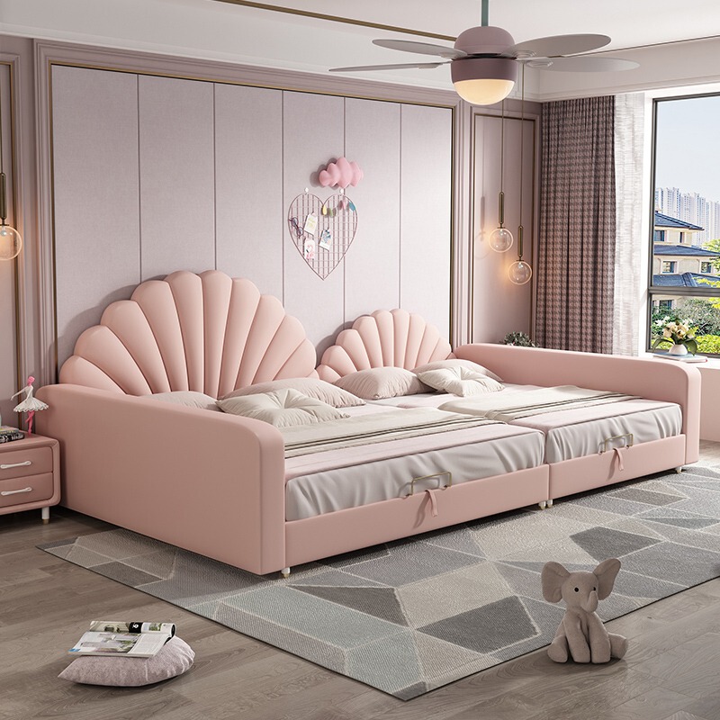 Pink Kidsren's Girl Spliced Bed Tatami Petals Second and Third Kids Master Bedroom Fence Edge Guard Family Solid Wood Princess Bed