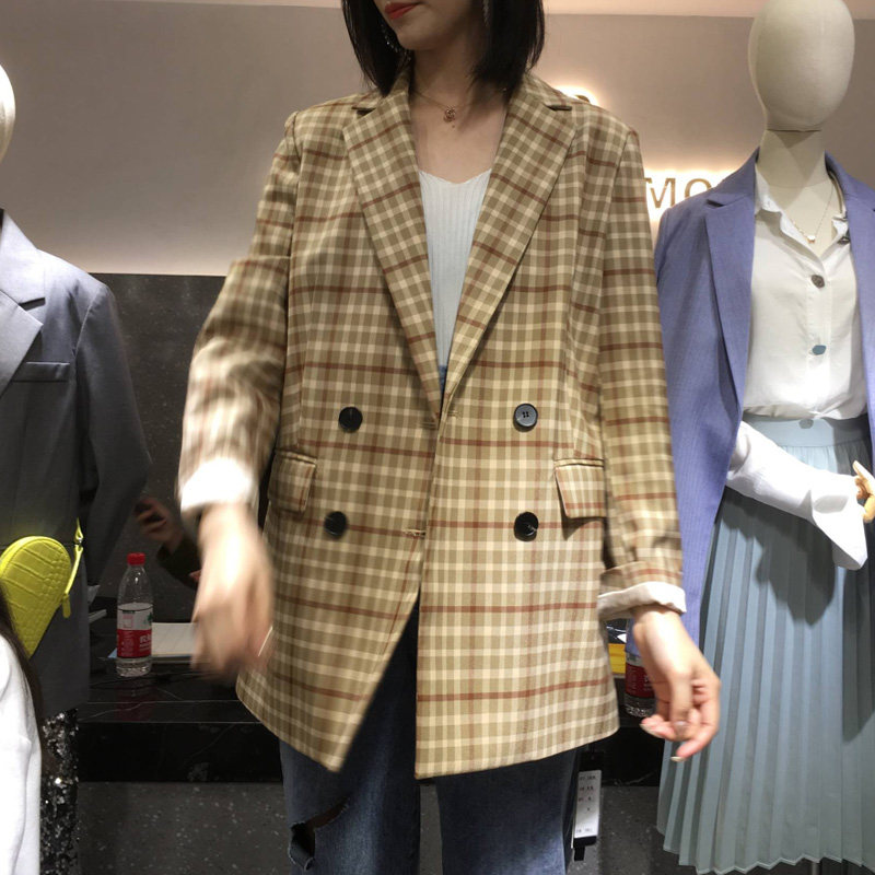 Coat women 2019 new Korean version women's plaid loose fashion double breasted spring small suit casual top