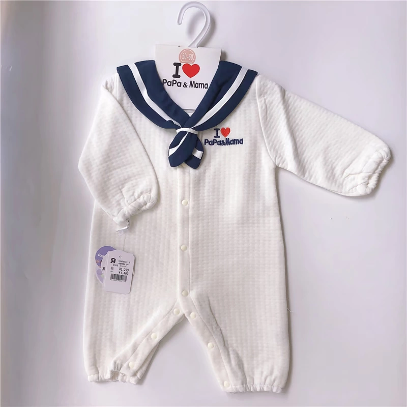 Bộ đồ liền thân cho bé ilovepapa & mama mùa xuân và mùa thu cotton hải quân phù hợp với bé sơ sinh 0-3 tháng - Áo liền quần