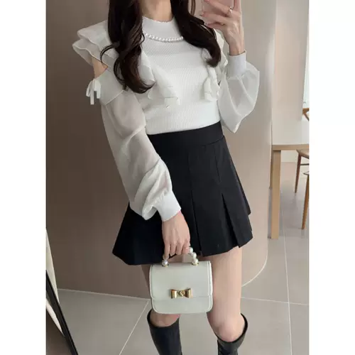 Sakura Sister Японский вязаный шифоновый топ с жемчужным вырезом и открытыми плечами, элегантный темпераментный эластичный тканый топ